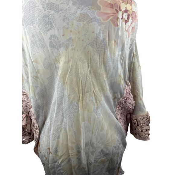 Emamo Silk Floral Sheer Tunic Blouse M Coquette Cottage Romantic Peasant Boho - Picture 9 of 16